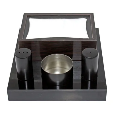 Salt & Pepper Set with Napkin Holder on Plexiglass Stand Black